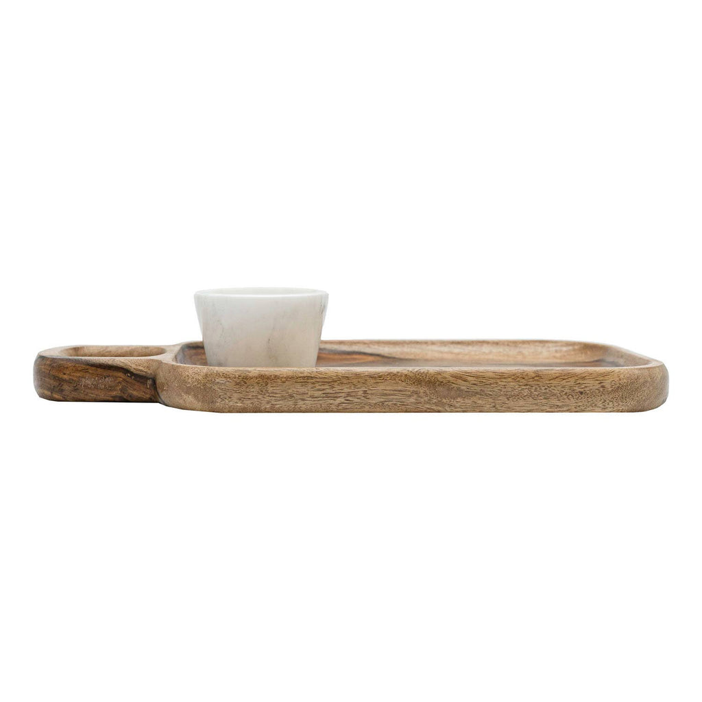 Silas Sheesham Wood Serving Tray White Marble Bowl Set 2