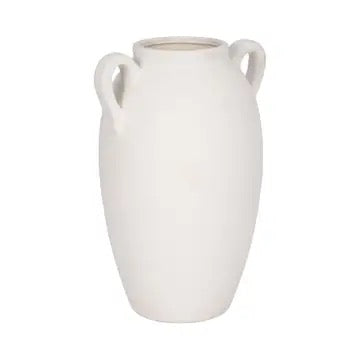 13 in. White Stoneware Textured Jug with Handles Vase