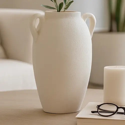 13 in. White Stoneware Textured Jug with Handles Vase