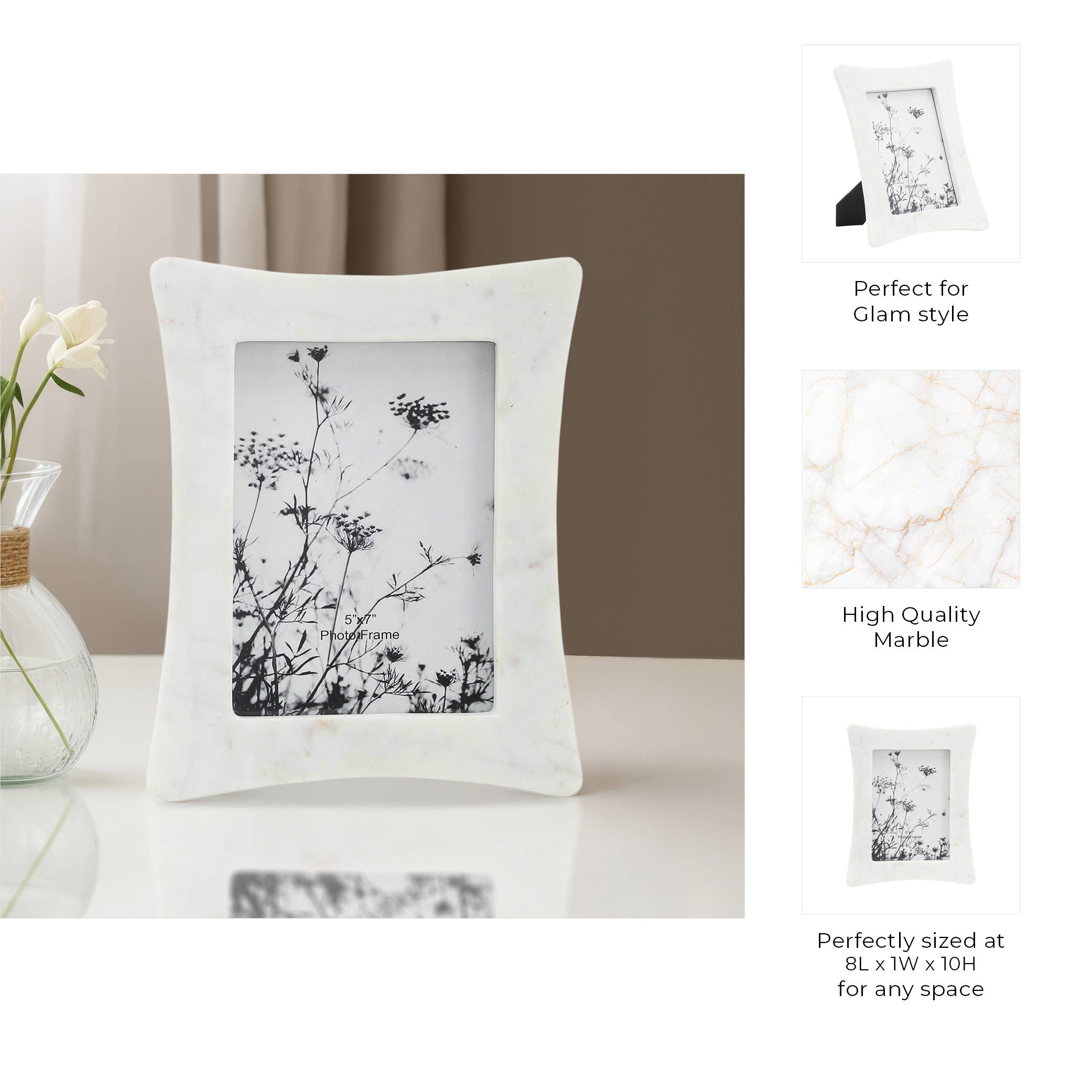 Picture Frame - White Stone Marble Rectangle Curved, 5x7 in.